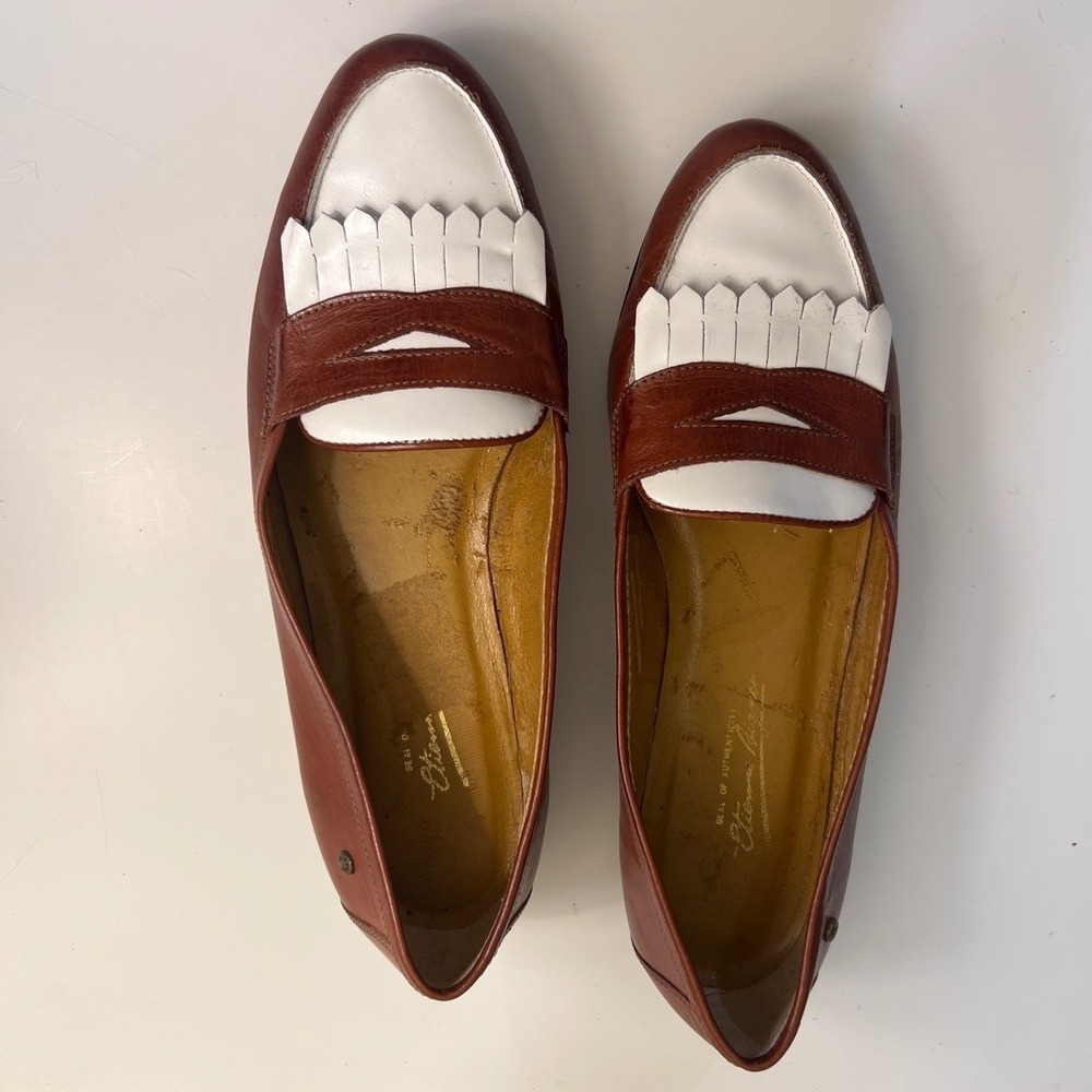 Etienne Aigner Brown and White Leather Loafers